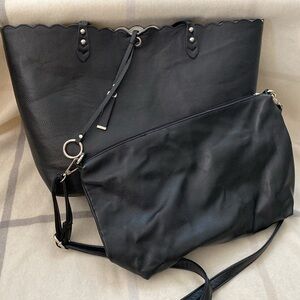 2 Piece Faux Leather Black Tote and Crossbody Purse Set